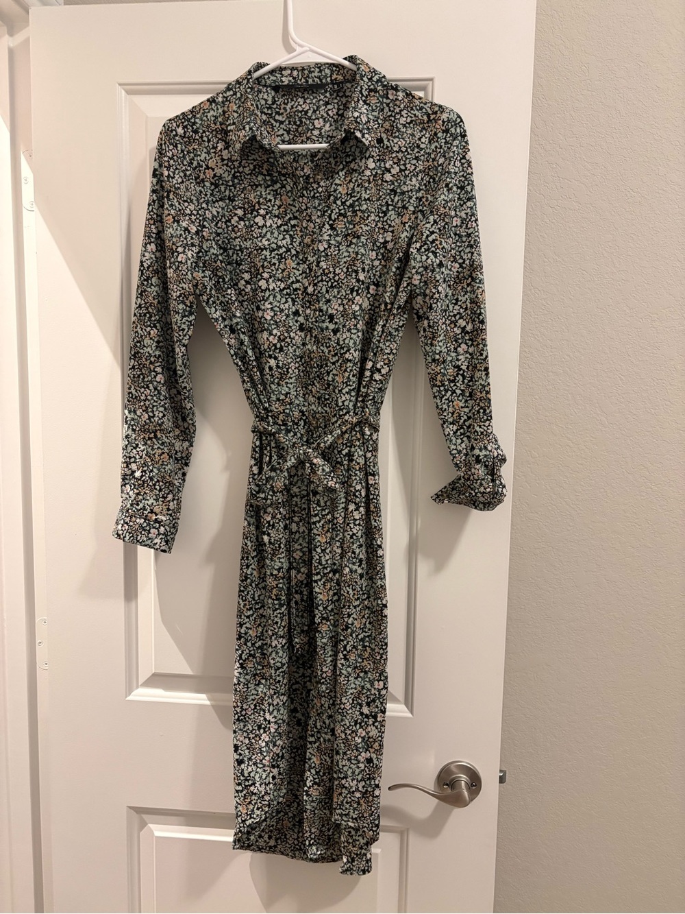 Floral Long-Sleeve Shirt Dress with Tie Waist - Black Floral